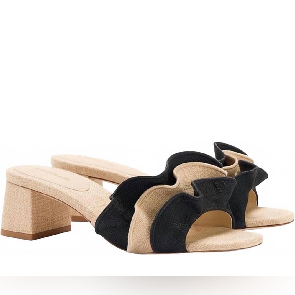 NWT Larroude Brigitte Ruffle Raffia Beige Black Sandals Women’s Sz 7.5 - Picture 2 of 14